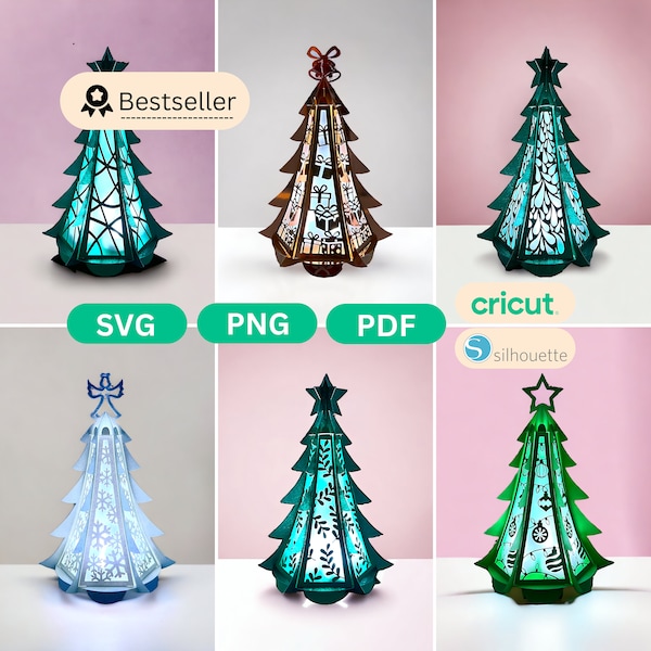 DIY 6 Christmas Tree Lantern SVG PNG, Christmas Lantern Template, Paper Lantern, Luminary, Tree Topper, Cricut Bundle, Cut File, Light Box