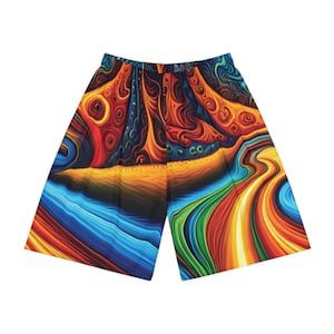 Puede incluir: Shorts de hombre con estampado abstracto con un diseño colorido de líneas y formas en espiral en tonos azules, verdes, naranjas y amarillos.