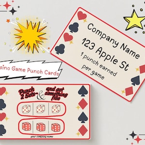 May include: Casino game punch cards with a red border and playing card suit symbols. One card displays company information, while another features dice and the text "Punch 2 Sets & get something free."