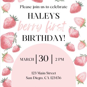 Berry First Birthday Invitation Strawberry Birthday Invite Pink Sweet One Modern Aesthetic Editable INSTANT DOWNLOAD Digital Printable