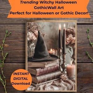 Witchy Halloween Wall Art Print | Dark Academia Gothic Decor | Witch Hat Books Candles Digital Download | Autumn Fall Home Decor Printable