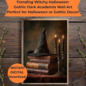 Witch Hat Gothic Halloween Wall Art Print | Dark Academia Decor | Vintage Books Candles Print | Moody Witchy Home Decor Printable | JPG