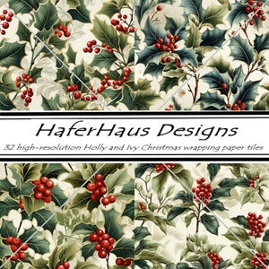 32 High Resolution Holly and Ivy Christmas Wrapping Paper tiles digital files
