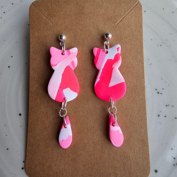 Pink Cat Dangle Valentine Earrings | Valentines Clay Stud Earrings | Polymer Clay Earrings | Holiday Jewelry