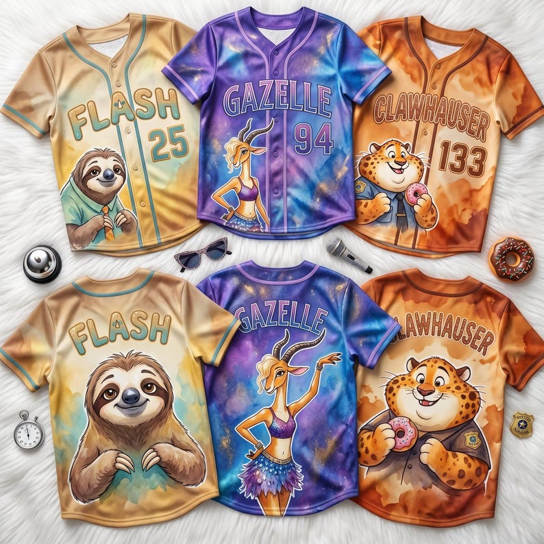 Puede incluir: Seis camisetas de b&eacute;isbol de manga corta con botones y personajes de Zootopia. Dos camisas amarillas con el perezoso Flash, dos moradas con Gazelle y dos naranjas con Clawhauser sosteniendo una rosquilla.