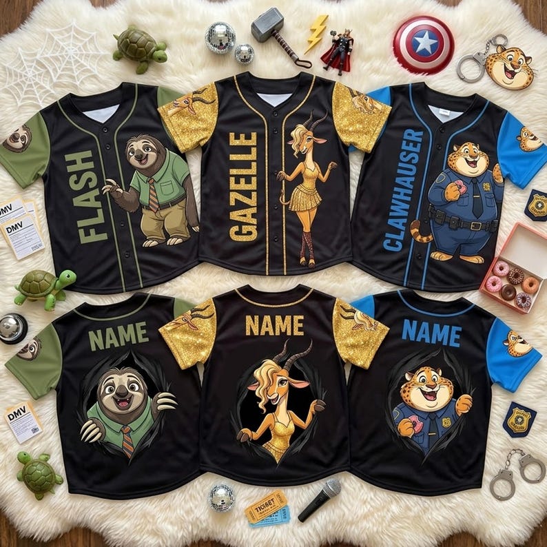 Op de afbeelding: Zwarte honkbalshirts met karakterontwerpen en namen. De shirts tonen personages als Flash, Gazelle en Clawhauser. De mouwen zijn goud, groen en blauw. De shirts worden gepresenteerd op een witte, zachte ondergrond.