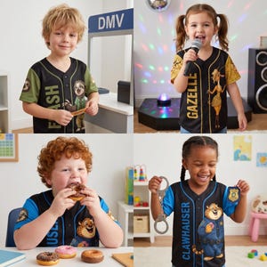 Op de afbeelding: Vier kinderen dragen zwarte honkbalshirts met karakterontwerpen. E&eacute;n shirt zegt "FASH" met een luiaard, een ander zegt "GAZELLE" met een gazelle, een derde zegt "USE" met een luipaard en de laatste zegt "CLAWHAUSER" met een tijger.