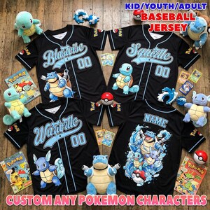 May include: Black baseball jerseys with blue accents and Pokémon character designs. The jerseys feature "Blastoise", "Squirtle", and "Wartortle" with the number "00". Plush toys, trading cards, and the text "CUSTOM ANY POKEMON CHARACTERS" are also visible.