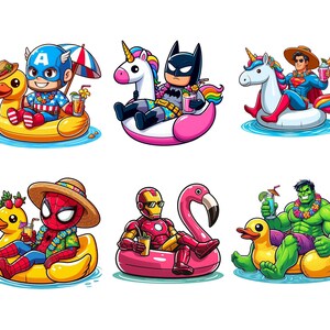 May include: Six cartoon superheroes, including Captain America, Batman, and Superman, are depicted relaxing on inflatable pool floats. Each character is wearing a Hawaiian shirt and holding a tropical drink, with a sunny, vacation theme.