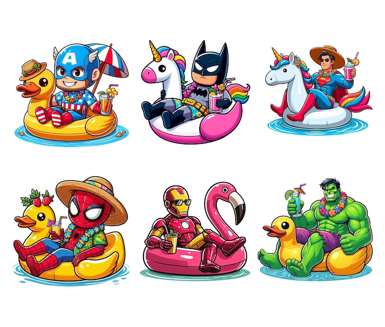 May include: Six cartoon superheroes, including Captain America, Batman, and Superman, are depicted relaxing on inflatable pool floats. Each character is wearing a Hawaiian shirt and holding a tropical drink, with a sunny, vacation theme.