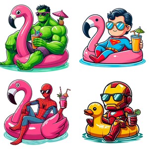 May include: Four cartoon illustrations of superheroes relaxing in the water. Hulk sits on a pink flamingo float, Superman on a flamingo float, Spider-Man on a flamingo float, and Iron Man on a yellow duck float. Each character holds a drink.