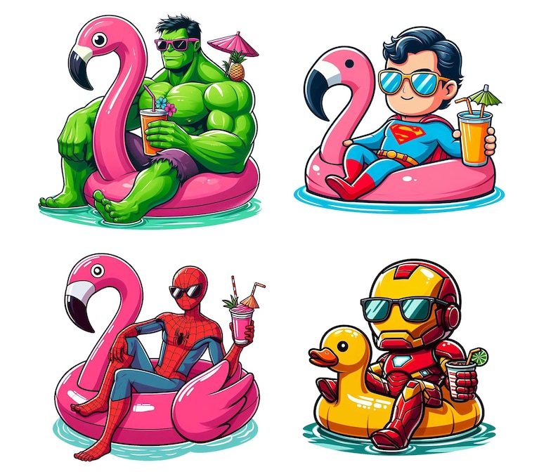 May include: Four cartoon illustrations of superheroes relaxing in the water. Hulk sits on a pink flamingo float, Superman on a flamingo float, Spider-Man on a flamingo float, and Iron Man on a yellow duck float. Each character holds a drink.
