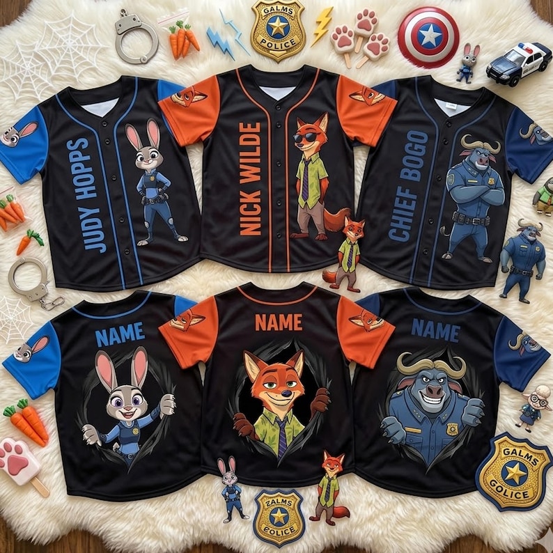 Op de afbeelding: Zwarte honkbalshirts met oranje en blauwe accenten, met personages uit Zootopia. De shirts tonen namen als "Judy Hopps", "Nick Wilde" en "Chief Bogo". Extra shirts hebben het woord "Name" op de rug.