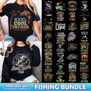 Paquete de 100 diseños de pesca (PNG), cazador de pesca (PNG), pesca de lubina (PNG), papá pescador (PNG), frase divertida sobre peces (PNG), pescador (PNG), uso comercial