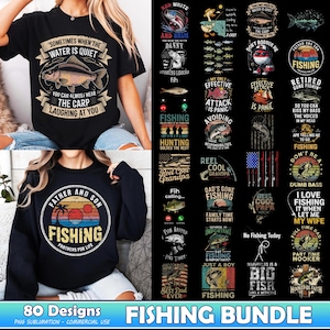 Paquete de 80 diseños de pesca (PNG), cazador de pesca (PNG), pesca de lubina (PNG), papá pescador (PNG), frase divertida sobre peces (PNG), pescador (PNG), uso comercial