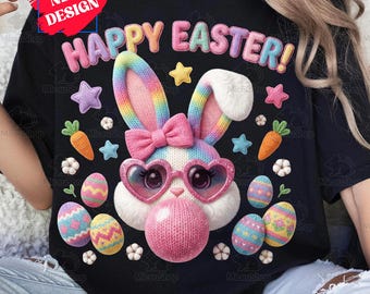 Latch Hook Yarn Bow Bunny Reading Easter Png, Coquette Pink Rabbit Faux Yarn Easter Day Png, Easter Bow Bunny Crochet Png, Commercial Use