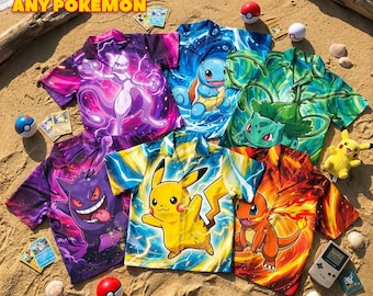 PKM Hawaiian Shirt, Poke Monster Aloha Shirt, Colorful Aloha Shirt, Hawaiian Aloha Style Outfit, Hawaiian Shirt, Summer Party, Video Game