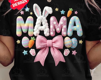 Easter Mama Bow Bunny Crochet Png, Latch Hook Yarn Bow Mama Easter Day Png, Coquette Pink Rabbit Faux Yarn Easter Day Png, Commercial Use