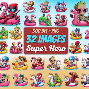 May include: A collection of 32 digital images featuring superheroes relaxing on inflatable pool toys. The images include characters like Deadpool, Groot, and Captain America on flamingo floats, duck floats, and unicorn floats. The text "32 IMAGES Super Hero" is also included.