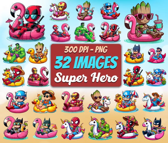 32 Designs Superhero Summer Bundle Png, Summer Vibes Png, Summer Vacation Png, Summer Holiday Png, Movie Characters Png, Superhero Beach Png