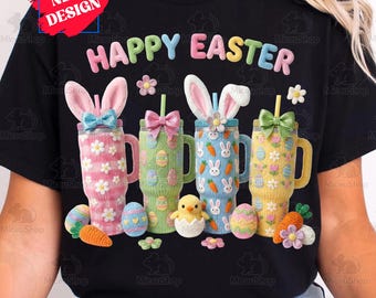 Stanley Tumbler Easter Faux Yarn Png, Latch Hook Yarn Bow Bunny Easter Day Png, Easter Day Coquette Bow Bunny Crochet Png, Commercial Use