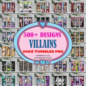 Plus de 500 modèles, ensemble de personnages de méchants 20 oz, gobelet maigre de 20 oz, png, emballage de méchants, gobelet de films de dessins animés png, dessin animé png, téléchargement numérique