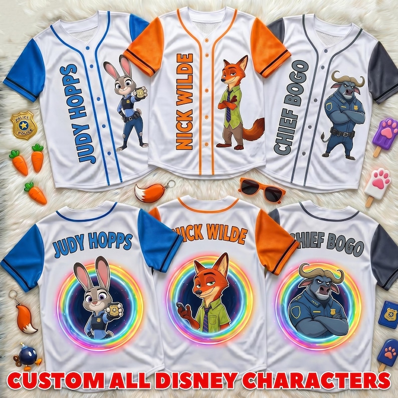May include: Six white baseball jerseys featuring Zootopia characters Judy Hopps, Nick Wilde, and Chief Bogo. The front displays character names and illustrations, while the back features circular rainbow graphics with character portraits.