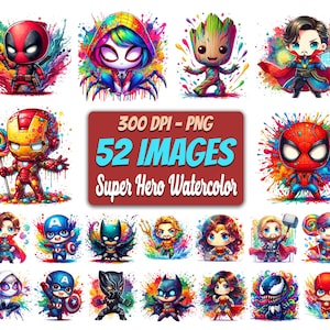 52 Designs Superhero Watercolor Bundle Png, Colorful Superhero Png, Superhero Png, Movie Characters Png, Superhero Movies Png, Movies Png