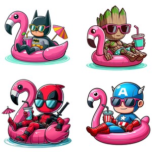 May include: Four cartoon illustrations of superheroes relaxing on pink flamingo pool floats. Batman, Groot, Deadpool, and Captain America are wearing sunglasses and holding drinks. Each float has a small umbrella.