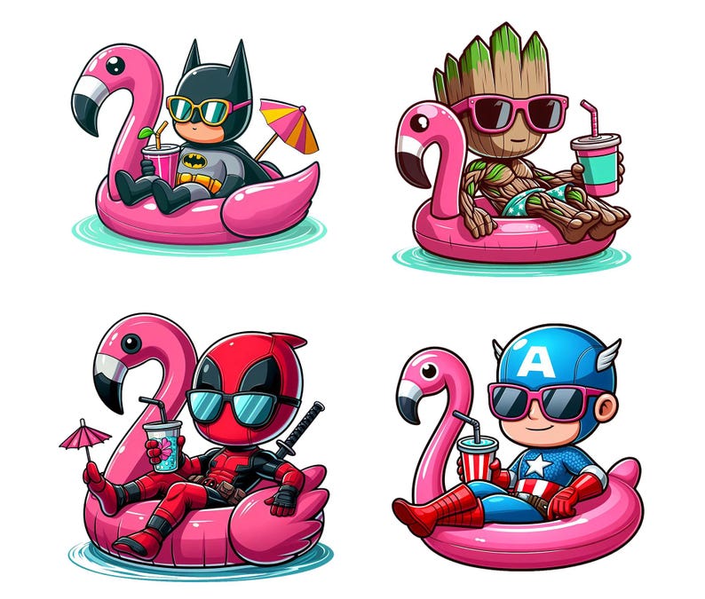 May include: Four cartoon illustrations of superheroes relaxing on pink flamingo pool floats. Batman, Groot, Deadpool, and Captain America are wearing sunglasses and holding drinks. Each float has a small umbrella.