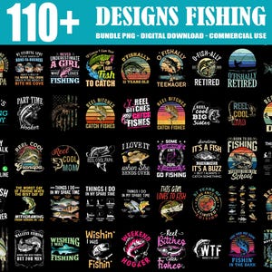 Paquete de más de 110 diseños de pesca (PNG), cazador de pesca (PNG), pesca de lubina (PNG), papá pescador (PNG), frase divertida sobre peces (PNG), pescador (PNG), uso comercial