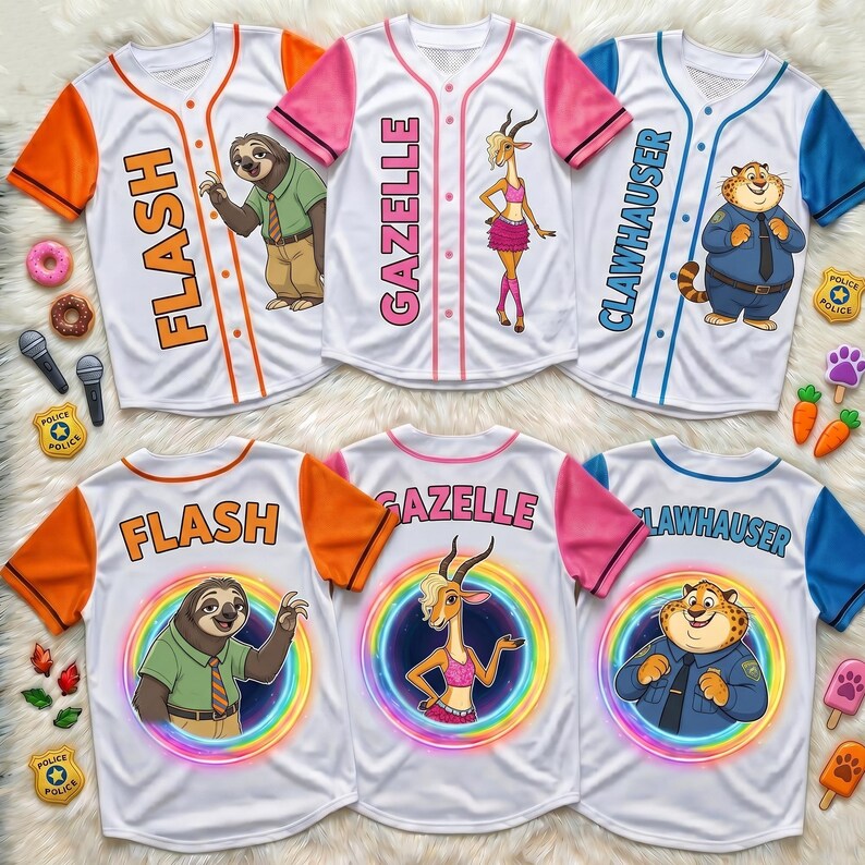 May include: Six white baseball jerseys featuring Zootopia characters. The top row shows Flash, Gazelle, and Clawhauser with their names printed vertically. The bottom row features the same characters inside colorful rainbow circles.