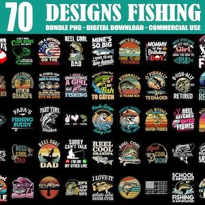 Paquete de 70 diseños de pesca (PNG), cazador de pesca (PNG), pesca de lubina (PNG), papá pescador (PNG), frase divertida sobre peces (PNG), pescador (PNG), uso comercial