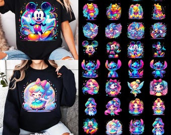 May include: Black t-shirt with a vibrant Mickey Mouse graphic and a black sweatshirt featuring a cartoon girl. The image showcases a neon cartoon bundle with over 40 designs, including characters like Stitch and Winnie the Pooh. The text reads "40+ Designs NEON CARTOON BUNDLE".