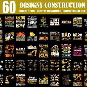 60 Designs Bau Bundle Png, Jungen LKW-Designs, Bagger Bagger Png, Bau-Geburtstagsfeier Png, Bau, kommerzielle Nutzung