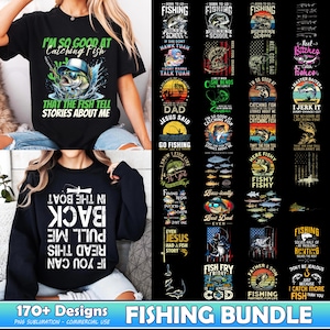 Paquete de más de 170 diseños de pesca (PNG), cazador de pesca (PNG), pesca de lubina (PNG), papá pescador (PNG), frase divertida sobre peces (PNG), pescador (PNG), uso comercial