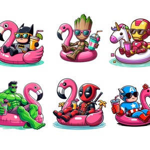 May include: A collection of cartoon superheroes, including Batman, Groot, Iron Man, Hulk, Deadpool, and Captain America, relaxing on pink flamingo pool floats. Each character is wearing sunglasses and holding a beverage, perfect for summer fun.