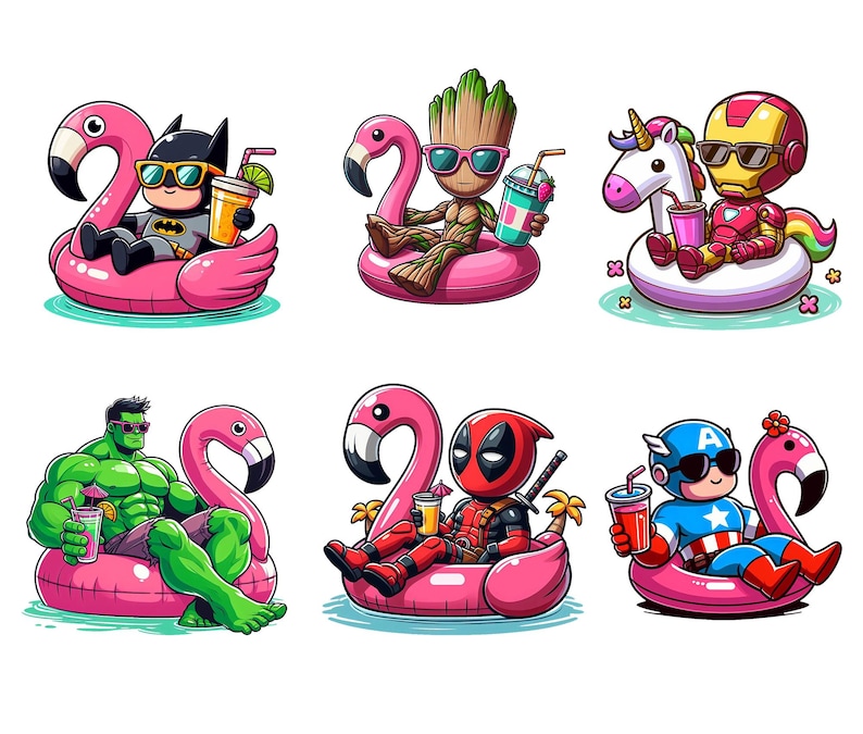 May include: A collection of cartoon superheroes, including Batman, Groot, Iron Man, Hulk, Deadpool, and Captain America, relaxing on pink flamingo pool floats. Each character is wearing sunglasses and holding a beverage, perfect for summer fun.