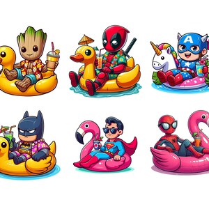 May include: Six cartoon illustrations of superheroes and characters relaxing on inflatable pool floats. Characters include Groot, Deadpool, Captain America, Batman, Superman, and Spider-Man, each with a drink.
