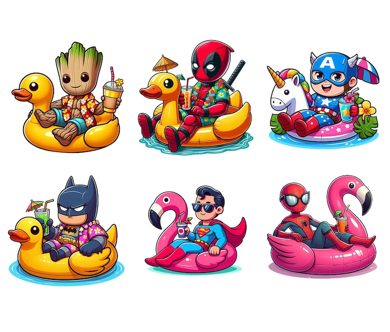 May include: Six cartoon illustrations of superheroes and characters relaxing on inflatable pool floats. Characters include Groot, Deadpool, Captain America, Batman, Superman, and Spider-Man, each with a drink.