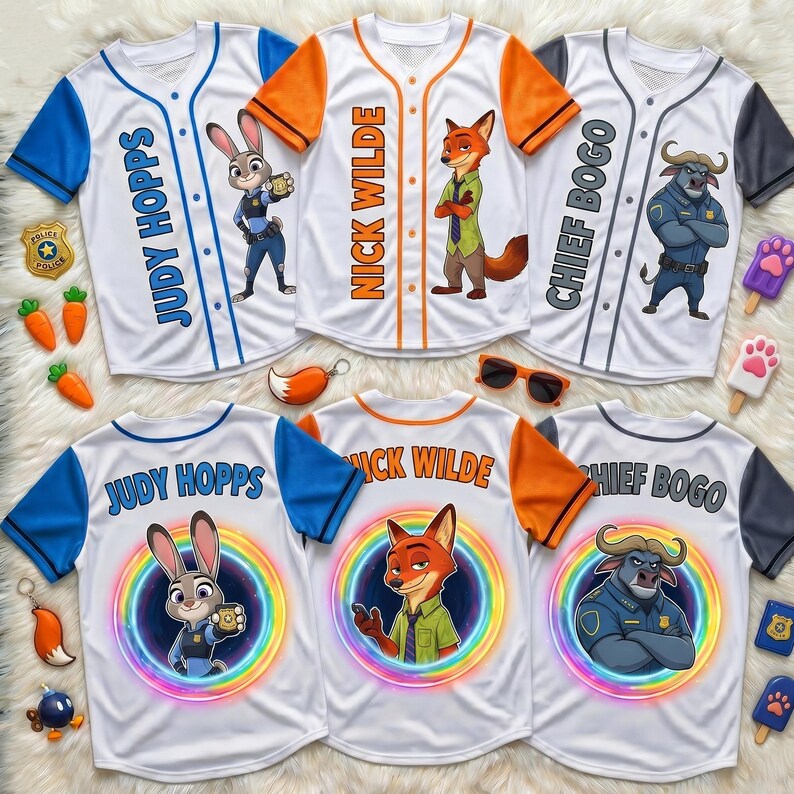 May include: Six baseball jerseys featuring Zootopia characters Judy Hopps, Nick Wilde, and Chief Bogo. The front designs show the characters with their names, while the back designs feature the characters inside colorful rainbow circles.