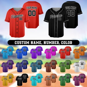 May include: A collection of customizable baseball jerseys in various colors. The jerseys feature a black and white team name and number, with the option to personalize with your own name and number. The jerseys are available in a variety of colors, including red, black, blue, purple, orange, teal, brown, green, and gold.