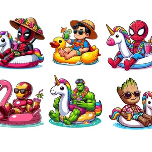 May include: Six cartoon characters, including Deadpool, Superman, Spider-Man, Iron Man, Hulk, and Groot, are depicted relaxing on inflatable pool floats. Each character is holding a drink and wearing sunglasses or a hat. The floats include a unicorn, flamingo, and duck.