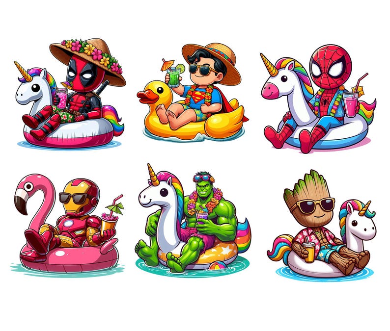 May include: Six cartoon characters, including Deadpool, Superman, Spider-Man, Iron Man, Hulk, and Groot, are depicted relaxing on inflatable pool floats. Each character is holding a drink and wearing sunglasses or a hat. The floats include a unicorn, flamingo, and duck.