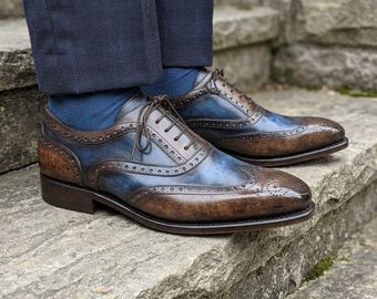 Men's Blue Brown Leather Wingtip Oxford Dress Shoes – Brogue Lace Up Formal Footwear