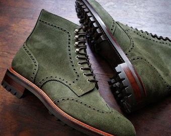 New men’s fashion green suede leather ankle high boot, men’s Italian Vibram sole boots