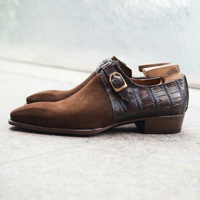 Handmade men’s brown two tone leather and suede single monk strap shoes with buckle closure
