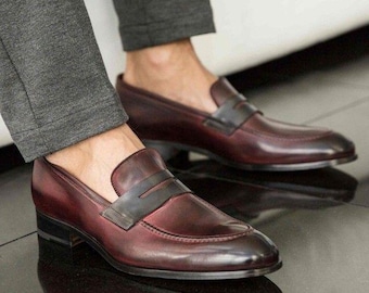 Men’s handmade burgundy patina leather moccasins shoes, men’s dress up party wear shoes
