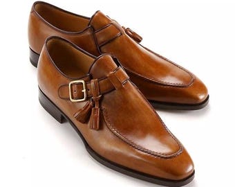 Handmade men tan leather moccasins shoe, men dress up buckle strap tassel moccasins