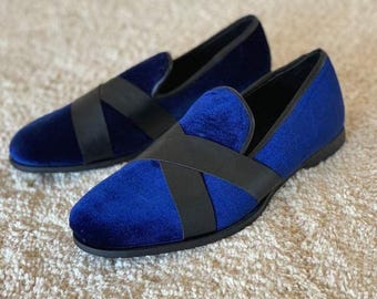 Bespoke men handmade royal blue velvet loafer shoe, men’s classic shoes